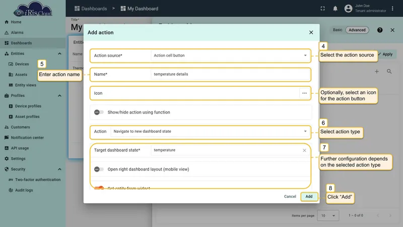 Add action dialog in advanced mode
