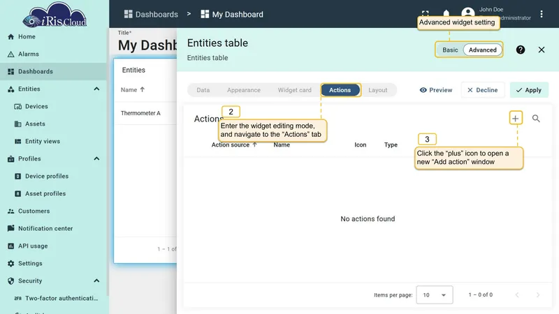 Actions tab in advanced widget editor