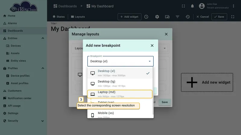 Select breakpoint from dropdown
