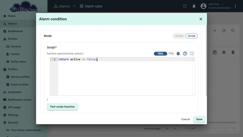 Alarm condition dialog in Script mode with return active == false