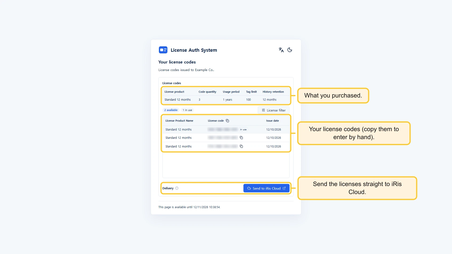 Claim page listing the license codes with the Send to MX On Cloud button