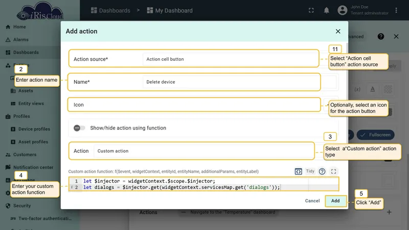 Configure custom action with delete function