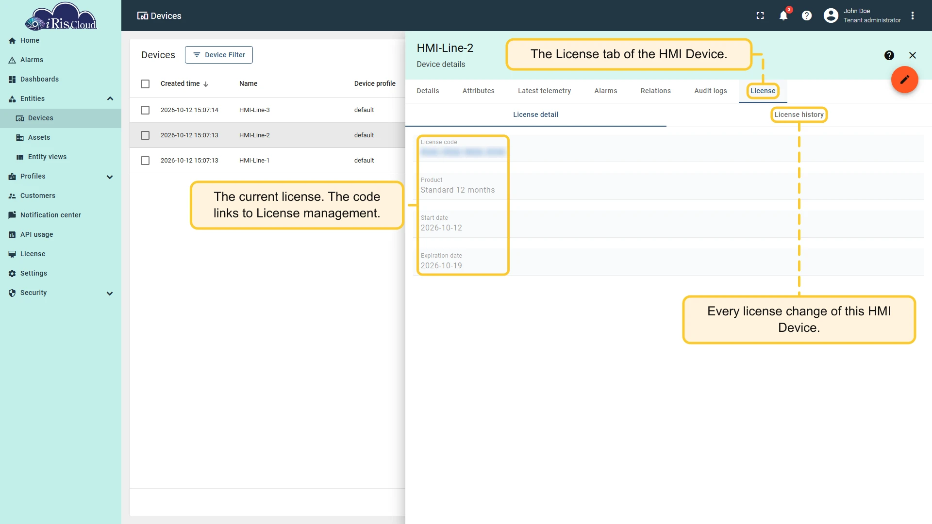 License tab of the HMI Device details, License detail sub-tab