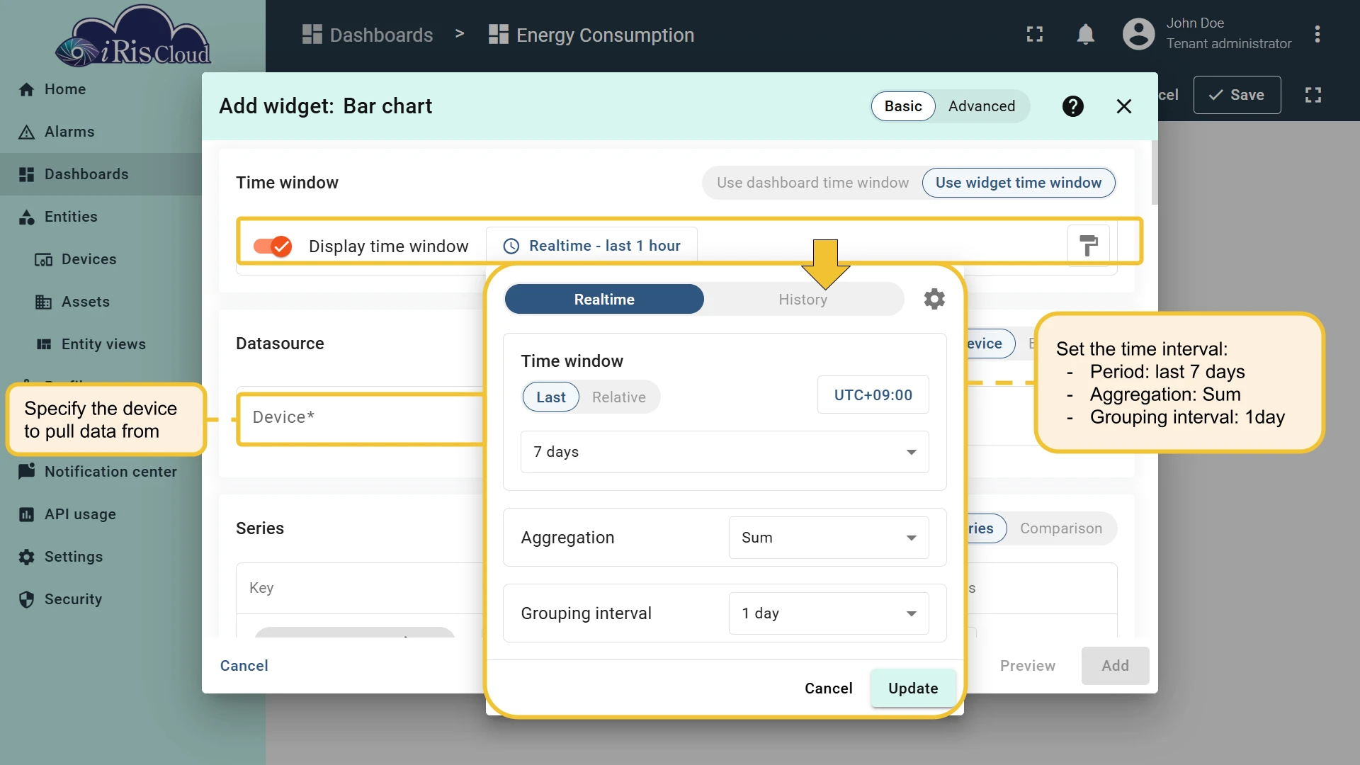 Series and Y axis configured for energyConsumed
