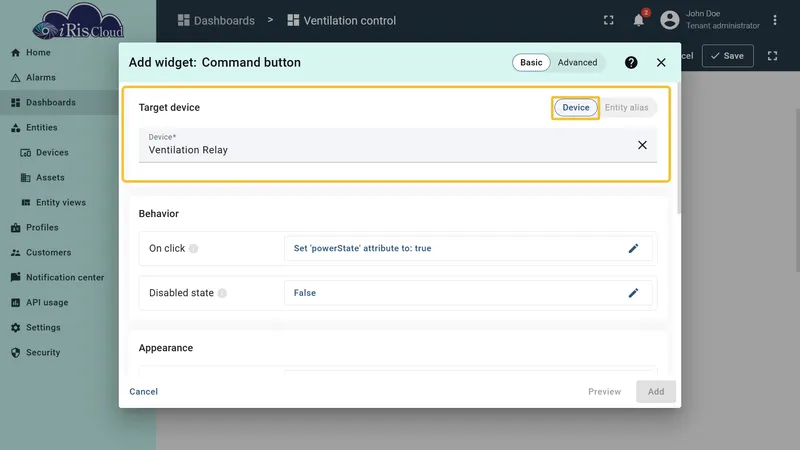 On click behavior configured — Execute RPC restartVentilation