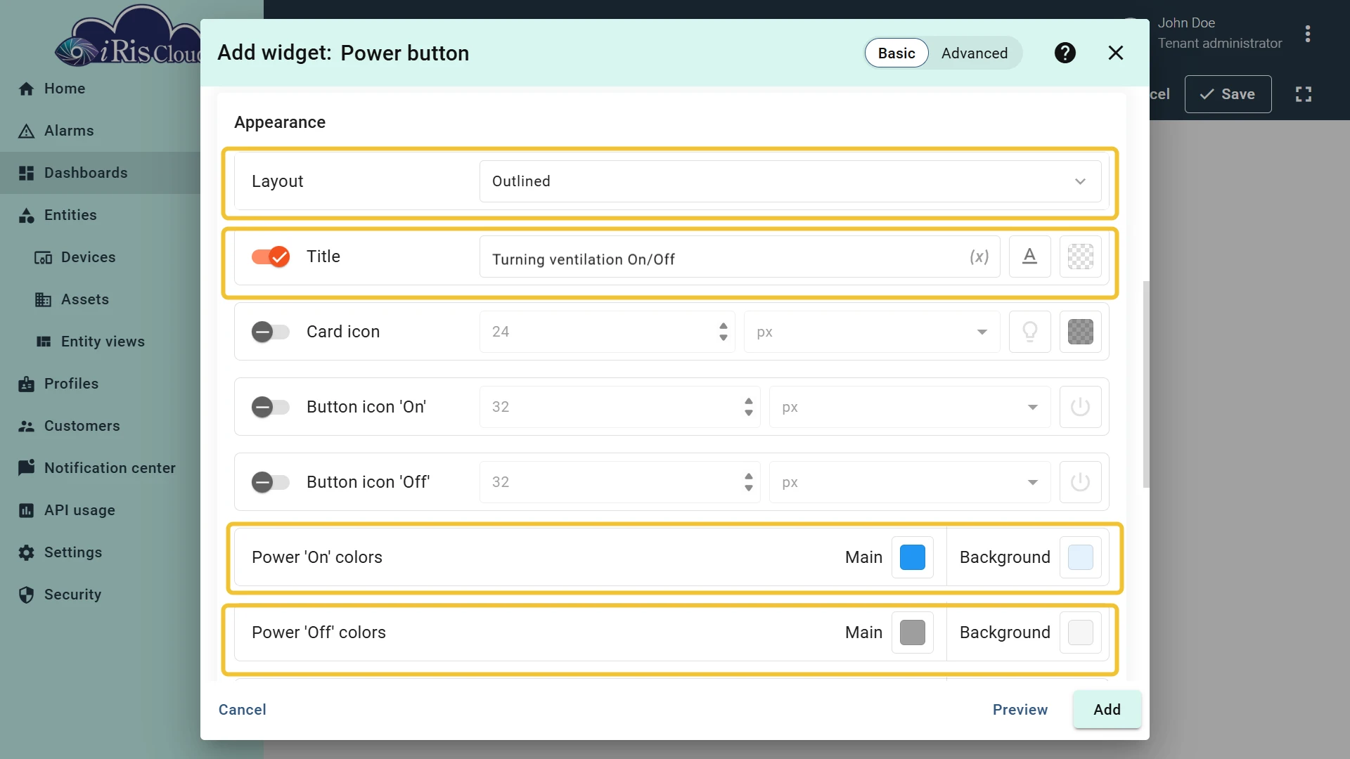 Appearance configured — Outlined layout, blue ON, gray OFF