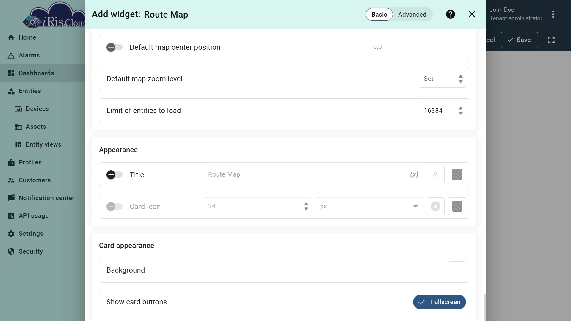Route Map widget configuration dialog in MX On Cloud