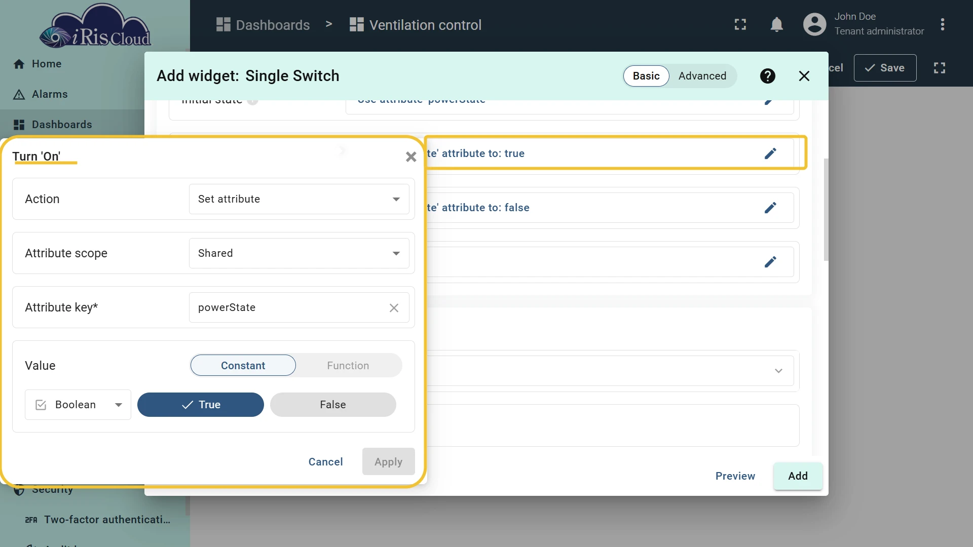Turn On action configured to set powerState to true