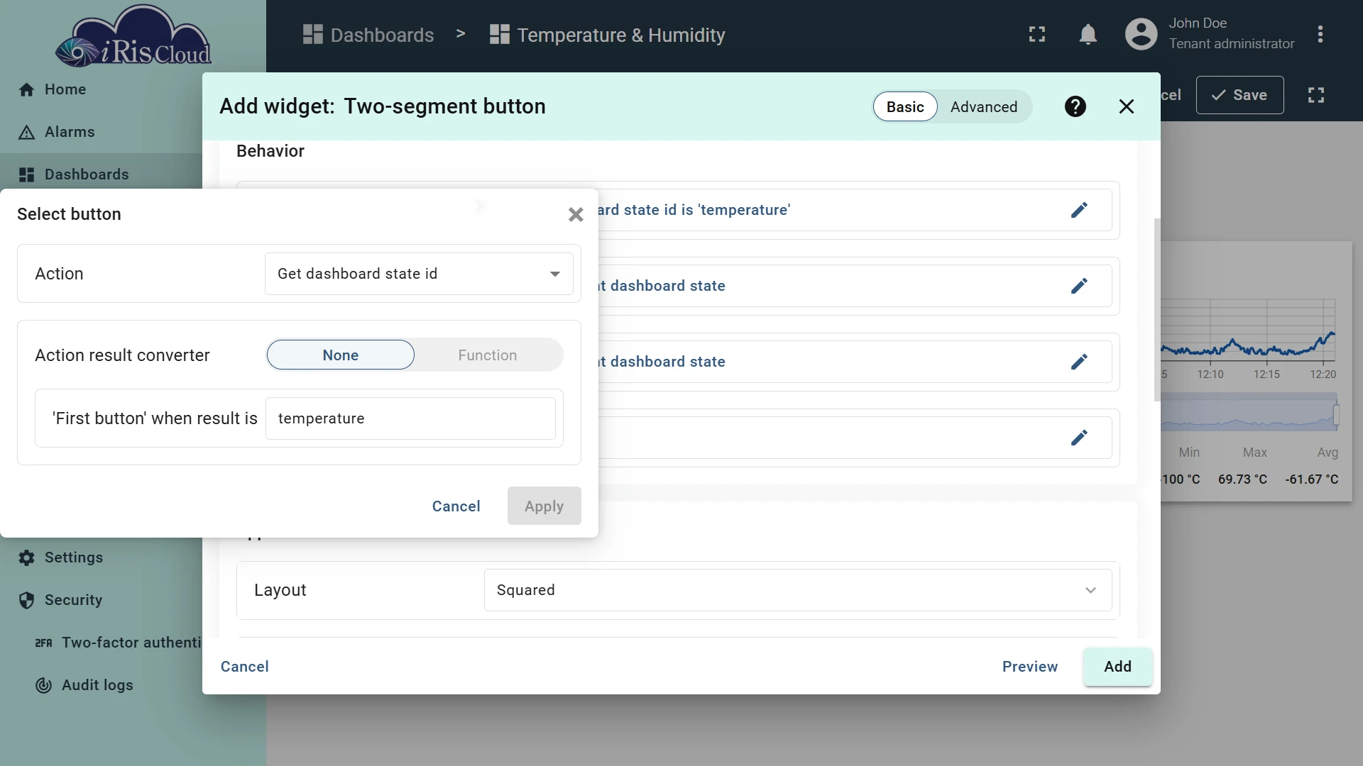 Select button: Get dashboard state id — First button when result is temperature