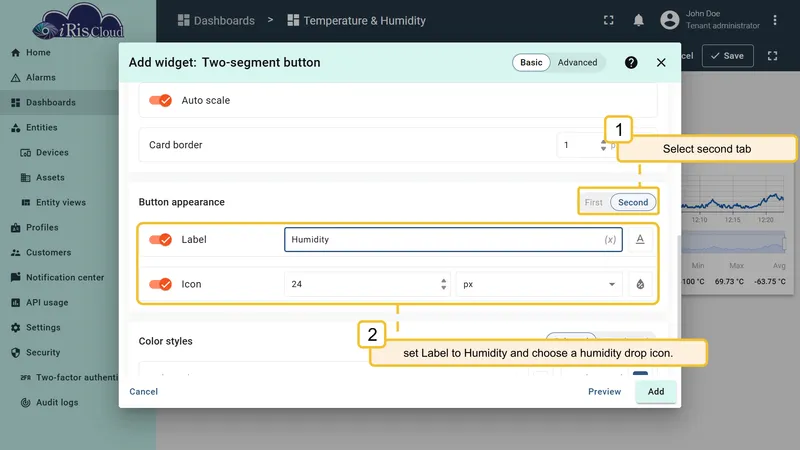 Button appearance Second tab — label Humidity, drop icon