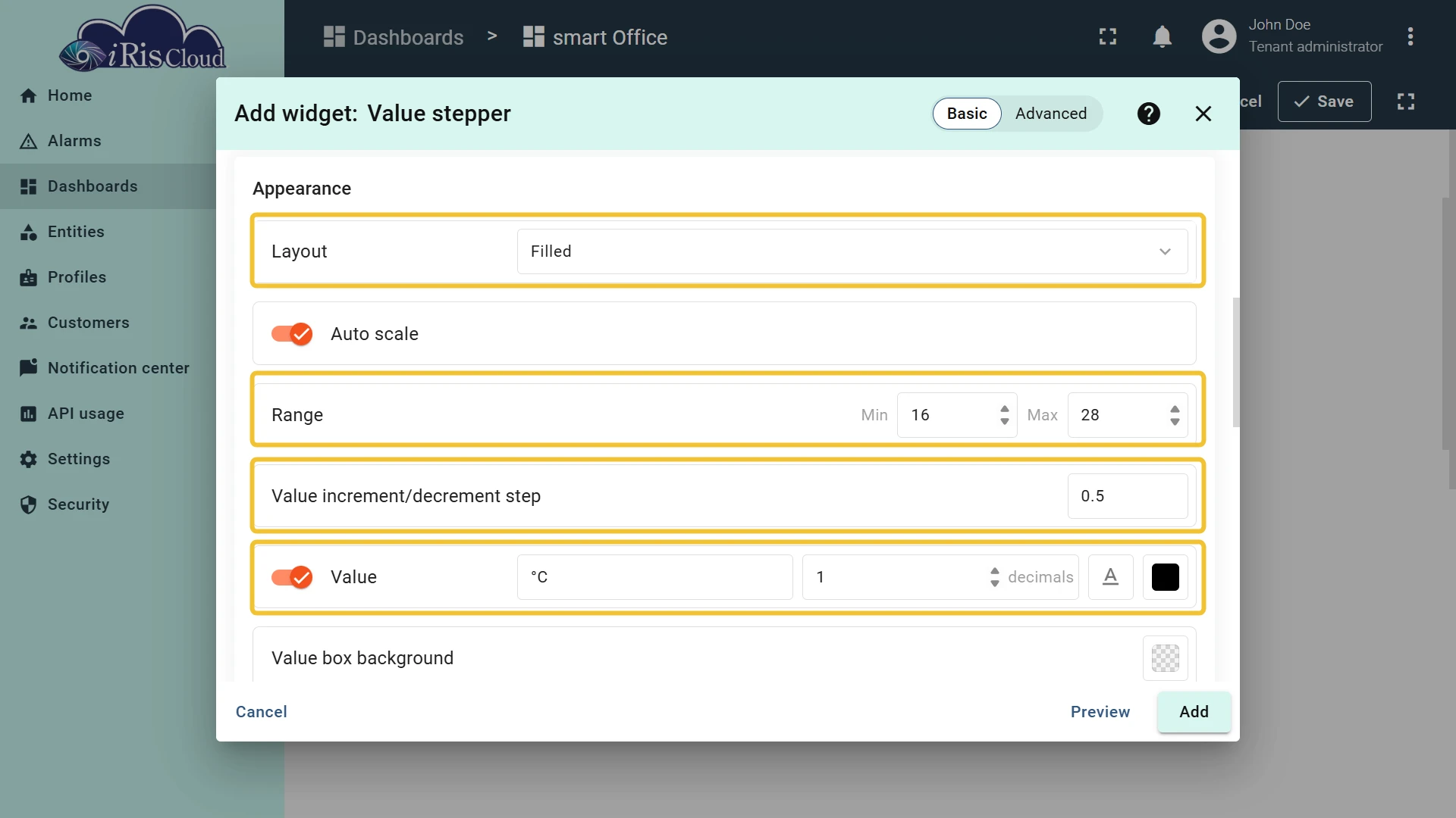 Appearance configured — Filled layout, range 16–28, step 0.5, unit °C