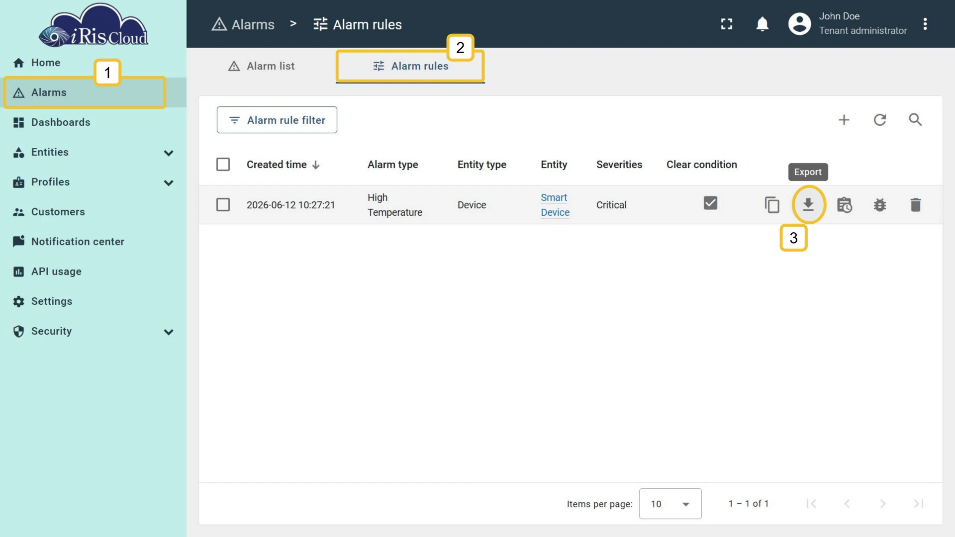 Alarm rules table with action bar