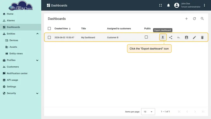 Export dashboard JSON from dashboards list