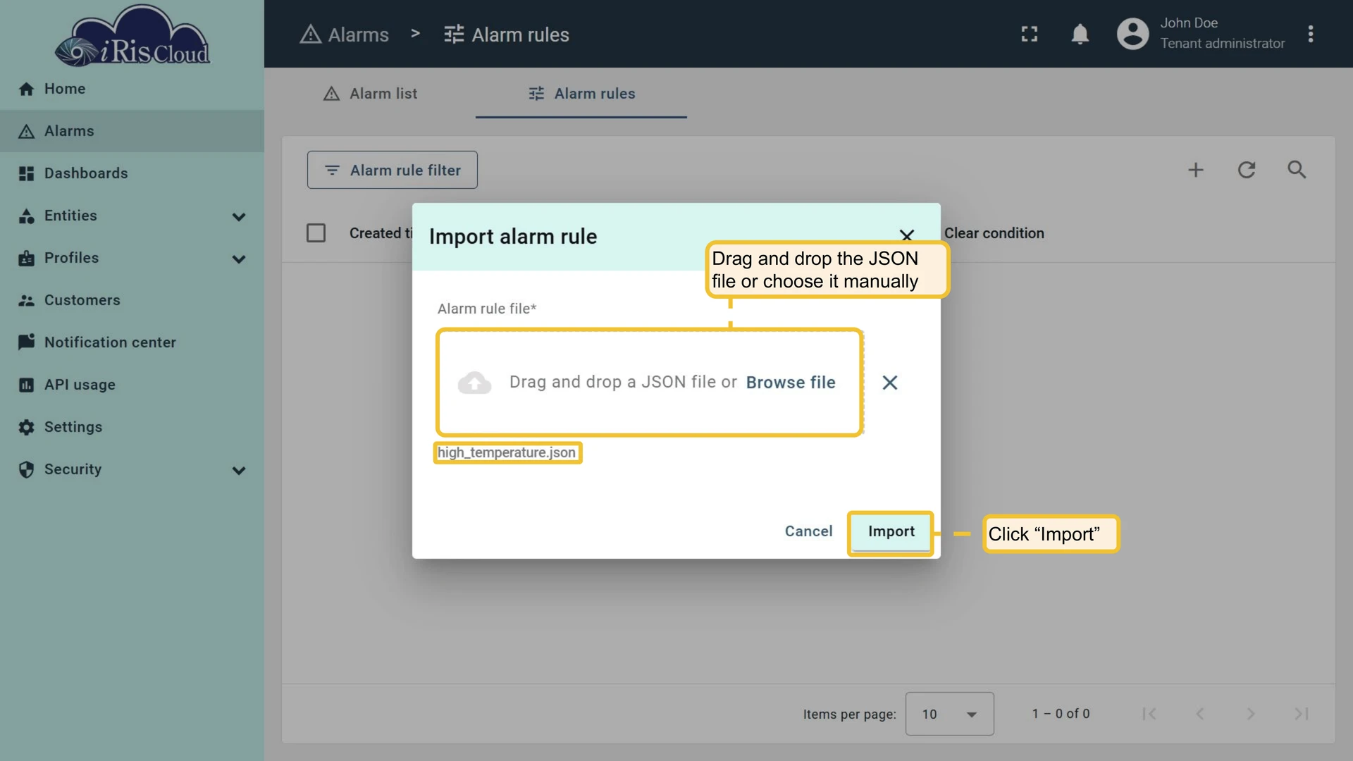 Import alarm rule dialog
