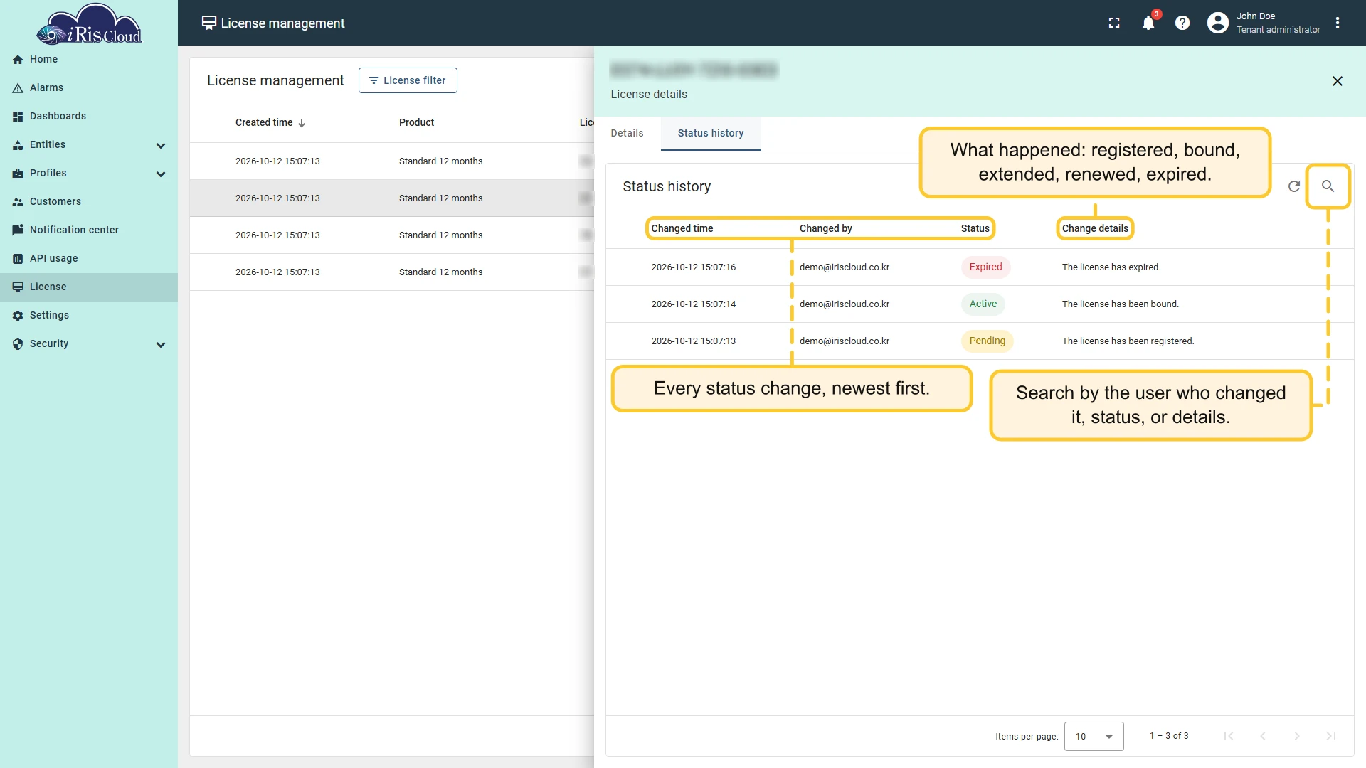 Status history tab listing the registered, bound and expired changes