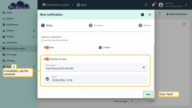 Send notification wizard - schedule the notification