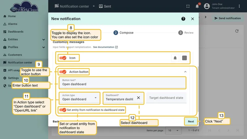 Send notification wizard - add action button to Web notification