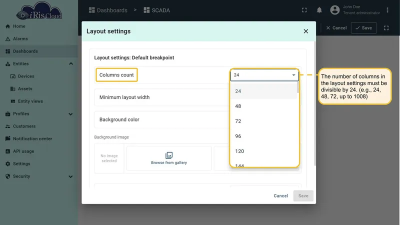 Columns count dropdown
