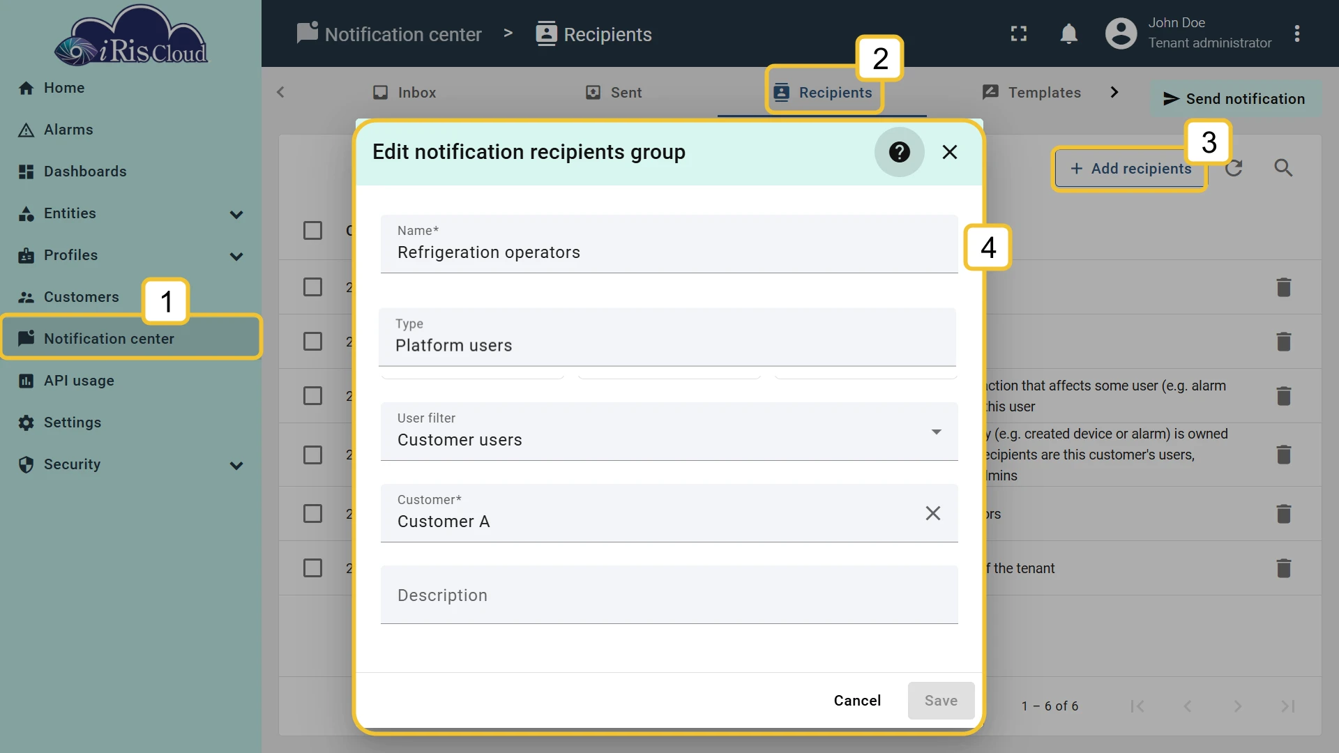 Add notification recipients group dialog with Name set to Refrigeration operators, Type to Platform users, User filter to Customer users, and Customer A selected