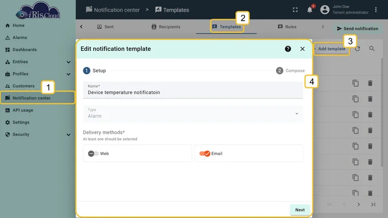 Add notification template dialog — Setup step with Name set to Device temperature notification, Type to Alarm, and Email delivery method toggled on