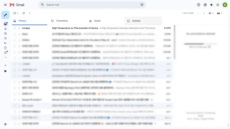 Gmail inbox showing an unread email from MX On Cloud with subject "High temperature on Thermostat device" and a preview of the message body
