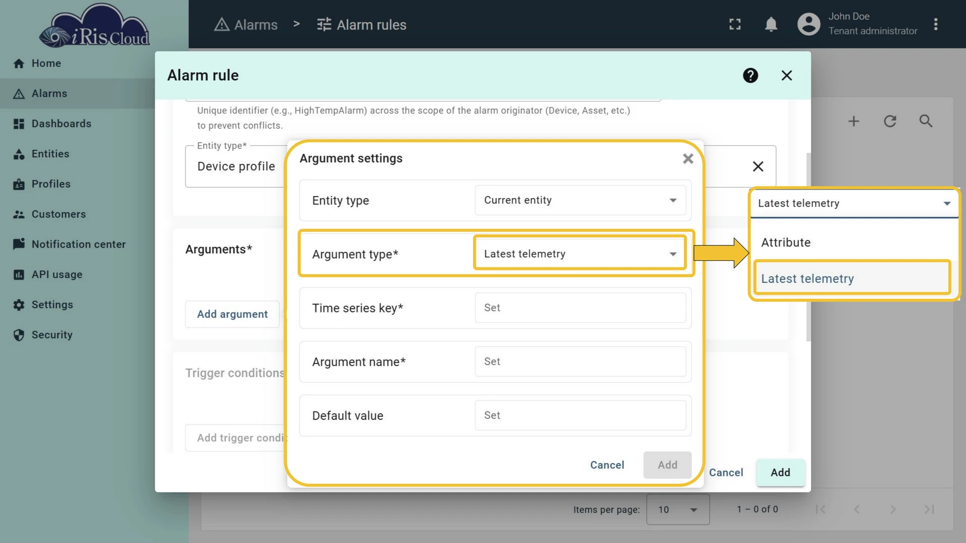 Argument settings dialog