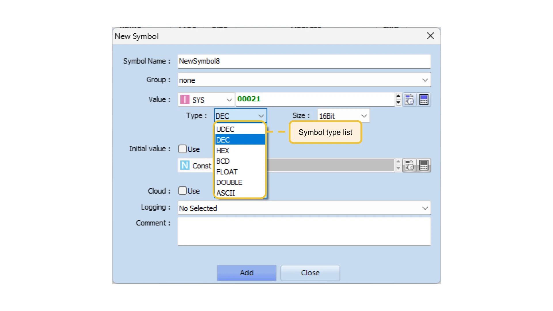 Symbol type list in TOP Design Studio