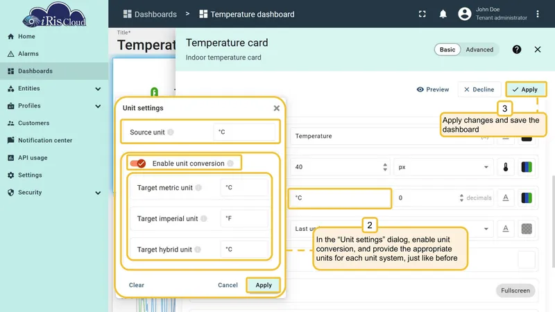 Configure card widget unit conversion